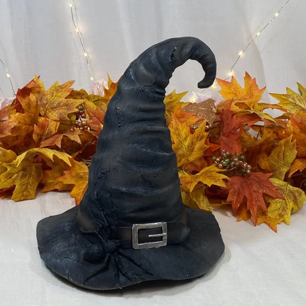 Witch Hat Halloween Prop Decor Gray Stitches Spider Centerpiece Resin Large 14